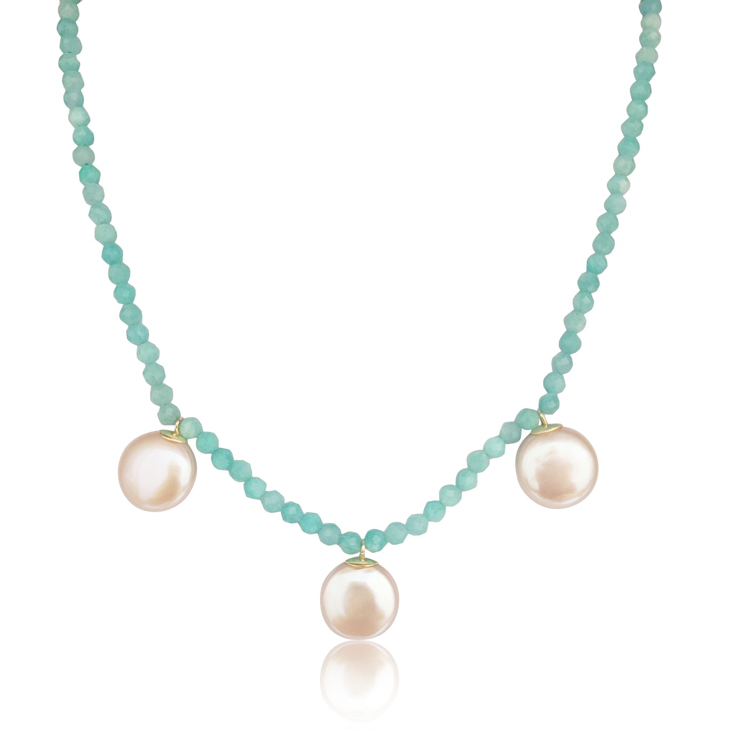Collar de Perlas Cultivadas 12 mm con Amazonita, Piedras Preciosas, Oro Amarillo 18K - MIMUKA