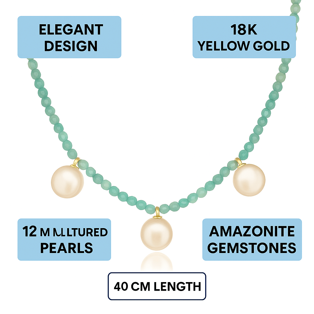 Elegant Cultured Pearl and Amazonite Necklace with 18K Yellow Gold – Handcrafted Jewelry - MIMUKA