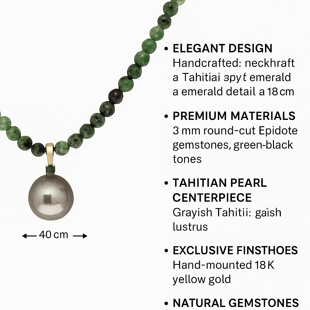 Elegant Tahitian Pearl and Epidote Necklace with Emerald Detail and 18K Yellow Gold – Handcrafted Jewelry - MIMUKA