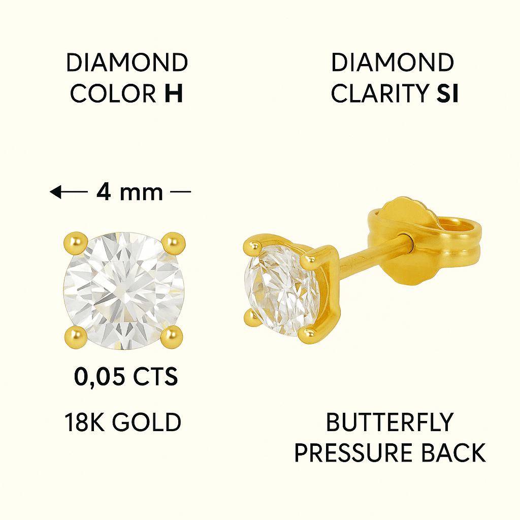 Pendientes Oro 18K tamaño 4 mm y Diamantes Naturales - MIMUKA