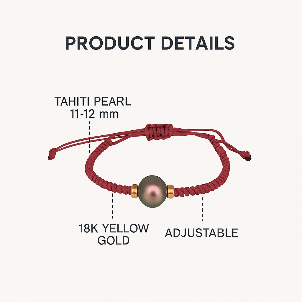 Tahiti Pearl Bracelet 11 - 12mm – Adjustable Red Cord with 18K Yellow Gold Beads – Genuine Tahitian Cultured Pearl Jewelry for Women” - MIMUKA
