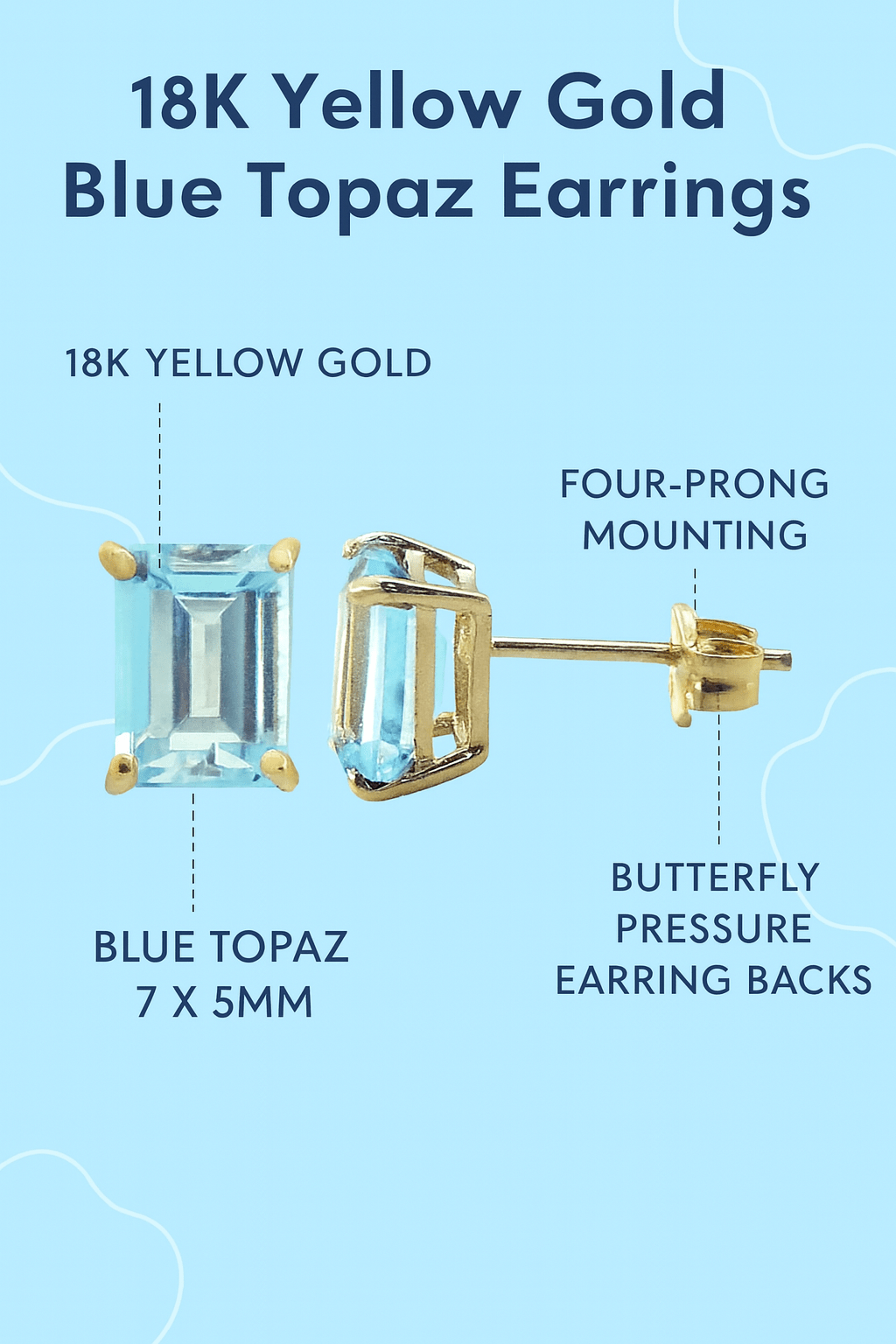 Yellow Gold Earrings 18K Precious Stones Sky Blue Topaz weight 2.5 carats cut emerald/octagonal 7 x 5 mm - MIMUKA
