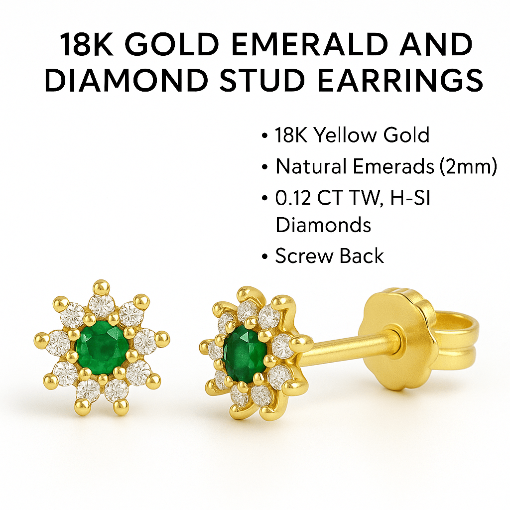 18K Gold Emerald and Diamond Stud Earrings – Timeless Elegance and Natural Brilliance - MIMUKA