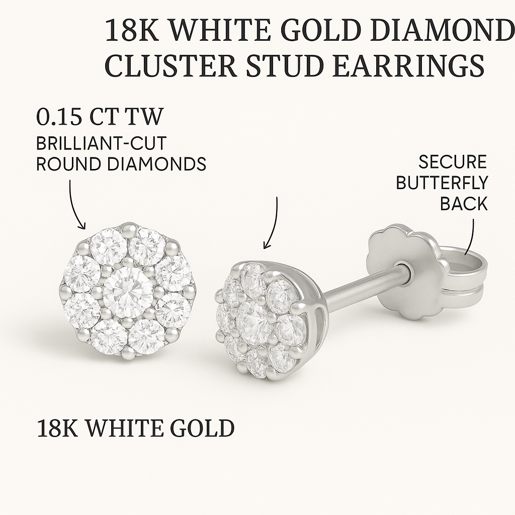 18K White Gold Diamond Cluster Stud Earrings – 0.15 CT TW | Brilliant - Cut Round Diamonds - MIMUKA