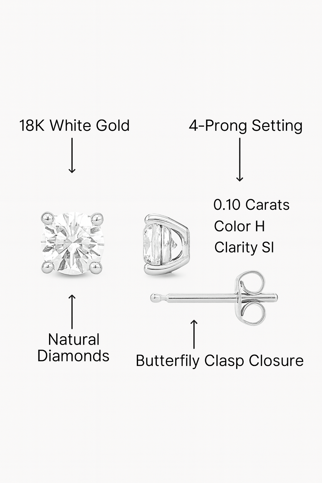 18K White Gold Natural Diamond Stud Earrings – 0.10 Carat Total Weight, Color H, Clarity SI, Butterfly Back Closure - MIMUKA