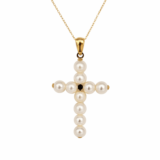 18K Yellow Gold Cultured Pearl Cross Pendant Necklace - MIMUKA