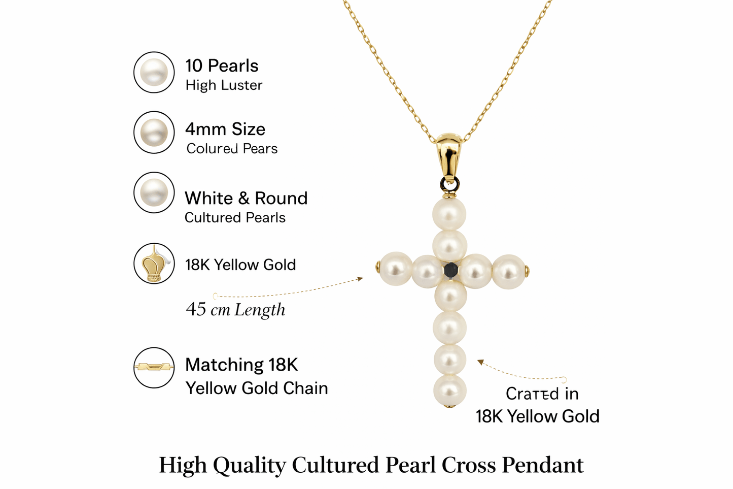 18K Yellow Gold Cultured Pearl Cross Pendant Necklace - MIMUKA
