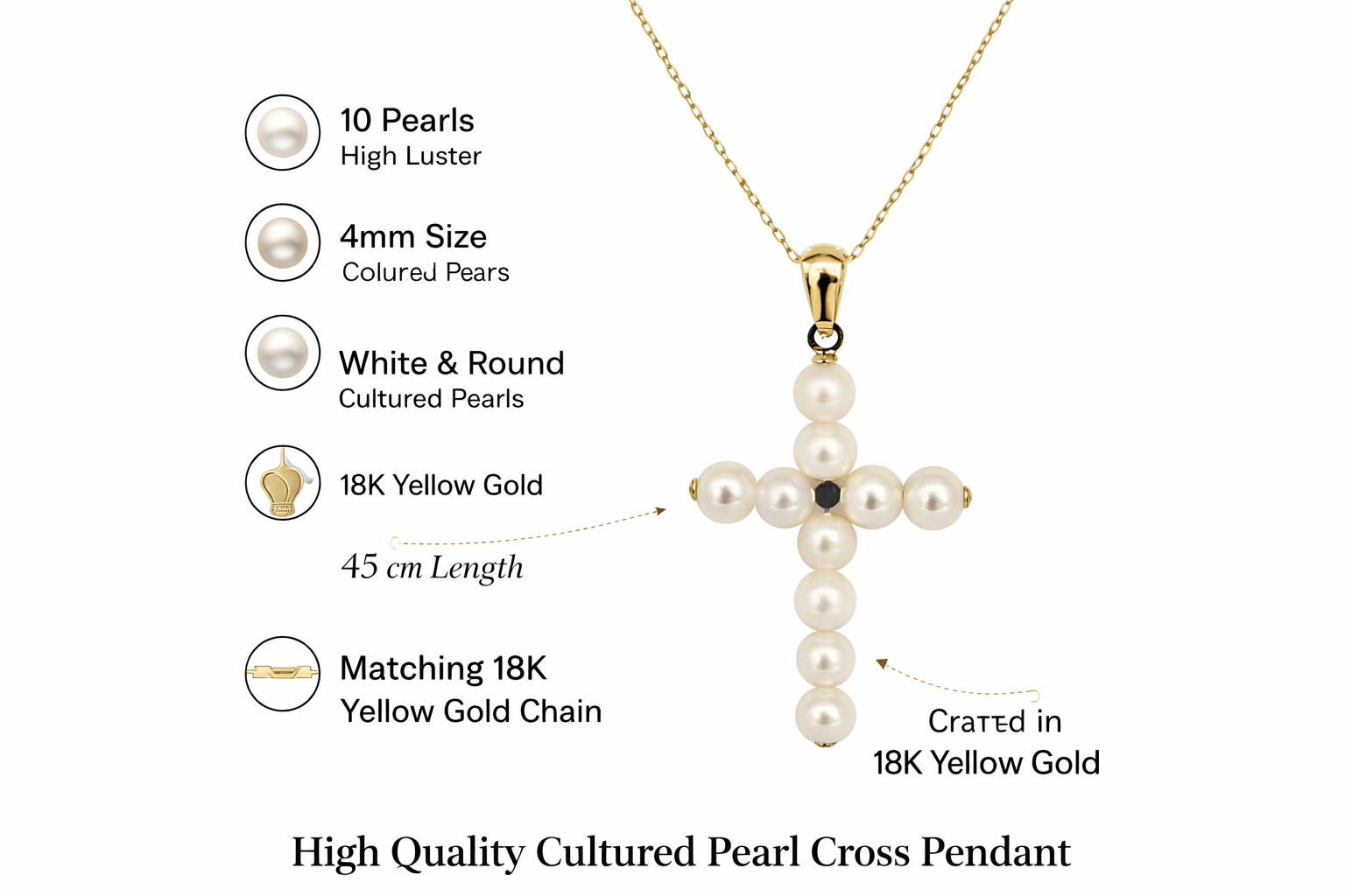 18K Yellow Gold Cultured Pearl Cross Pendant Necklace - MIMUKA