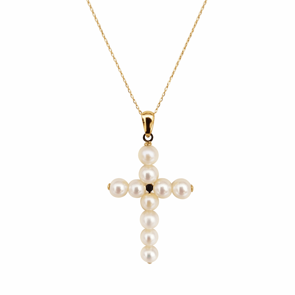 18K Yellow Gold Cultured Pearl Cross Pendant Necklace - MIMUKA