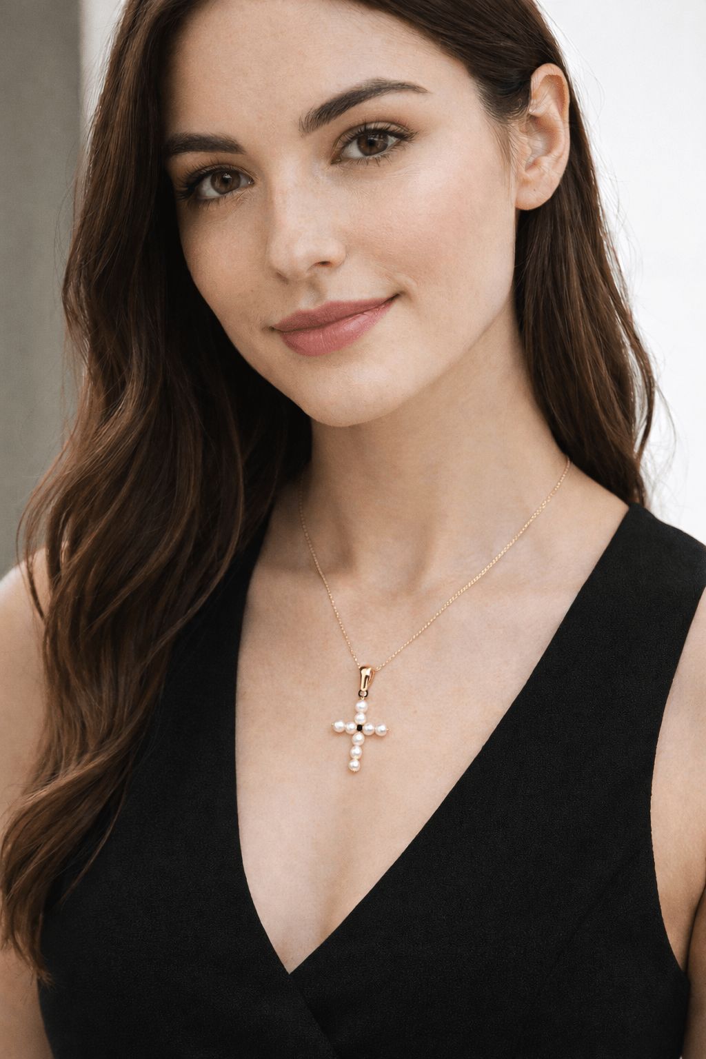 18K Yellow Gold Cultured Pearl Cross Pendant Necklace - MIMUKA