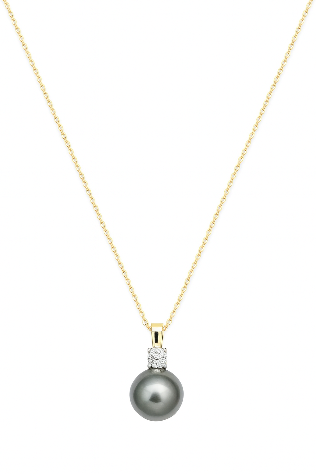 Tahitian Pearl Pendant Necklace – 9–10 mm Natural High Luster and Diamond, 18K Gold