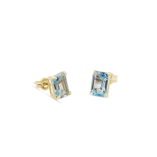 Yellow Gold Earrings 18K  Precious Stones Sky Blue Topaz weight 2.5 carats cut emerald/octagonal 7 x 5 mm