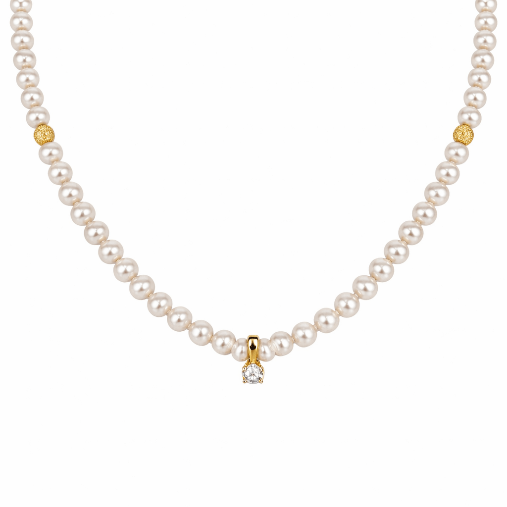 AAA Cultured Pearl Necklace in 18K Yellow Gold with Brilliant - Cut Diamond – Timeless Elegance - MIMUKA
