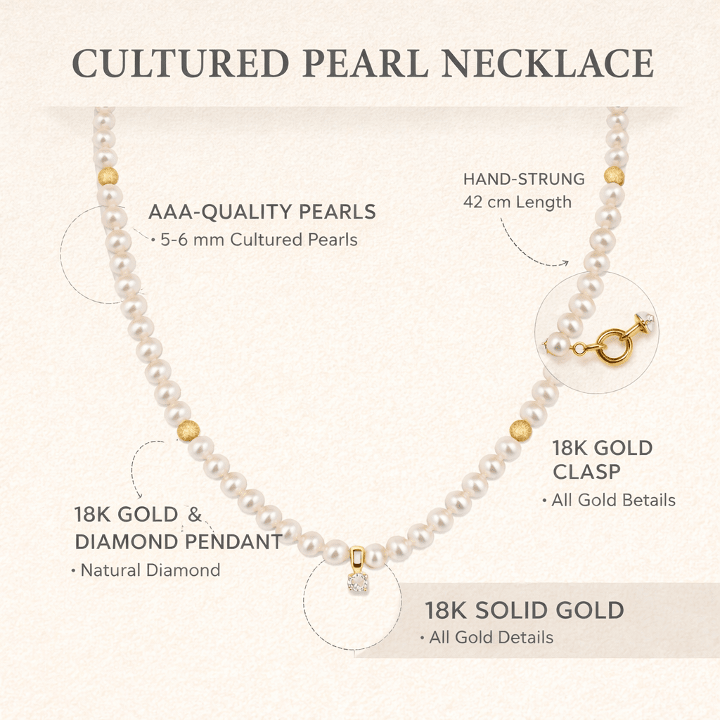 AAA Cultured Pearl Necklace in 18K Yellow Gold with Brilliant - Cut Diamond – Timeless Elegance - MIMUKA