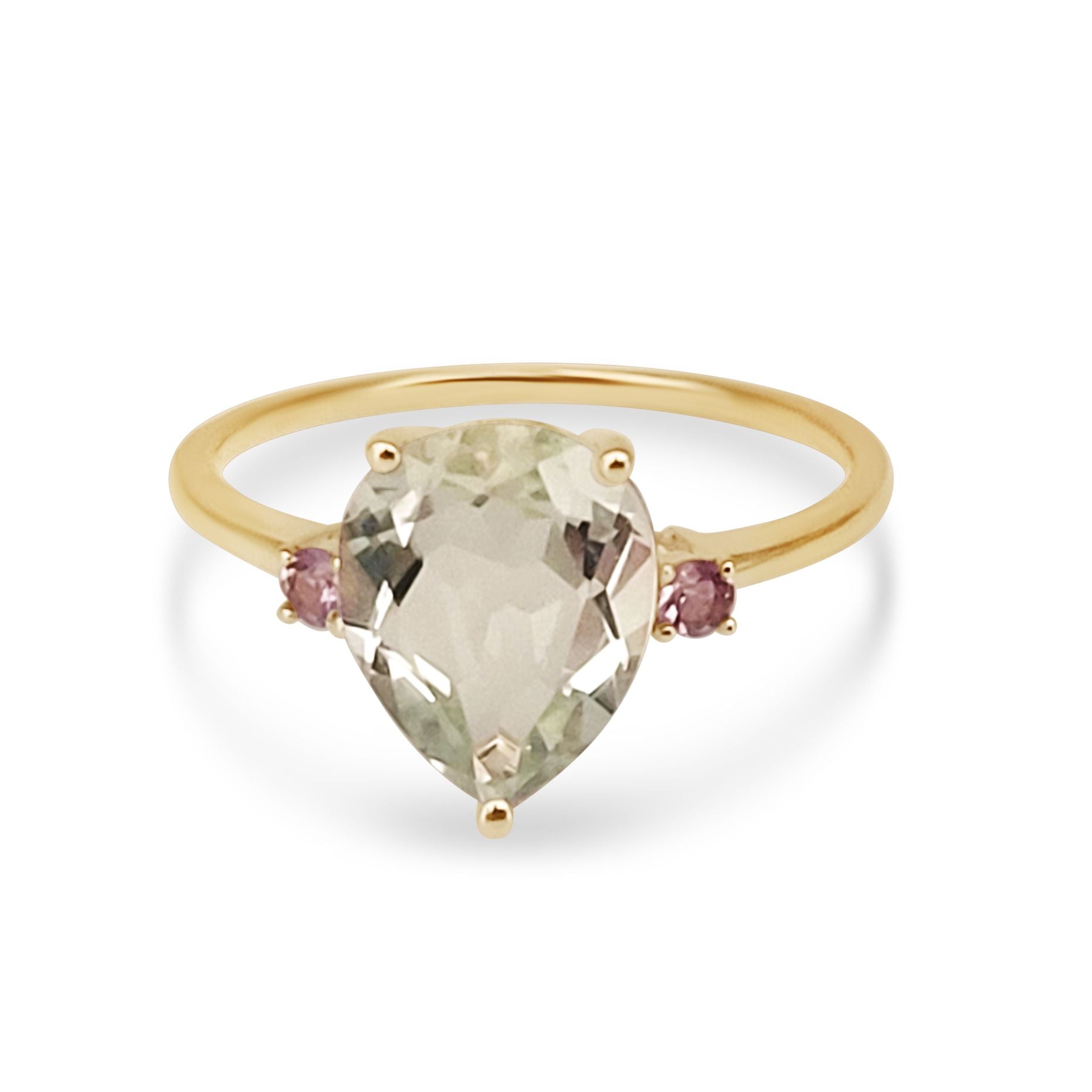 Anillo Oro Amarillo 14K y Amatista Verde Lagrima 10 x 8 mm 3 Quilates - MIMUKA