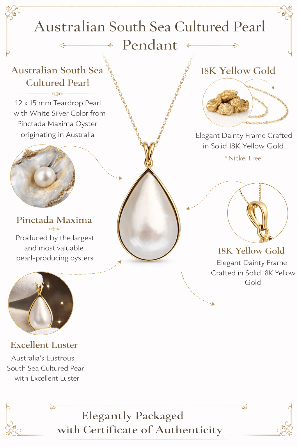Australian South Sea Cultured Pearl Pendant – 12 x 15 mm Teardrop Pearl in 18K Yellow Gold with Adjustable 45 cm Chain - MIMUKA