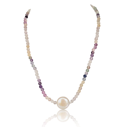 Collar de Perla Cultivada 12 mm, Fluorita, Piedras Preciosas 3 mm Redondas, Oro 18K, 42 cm - MIMUKA