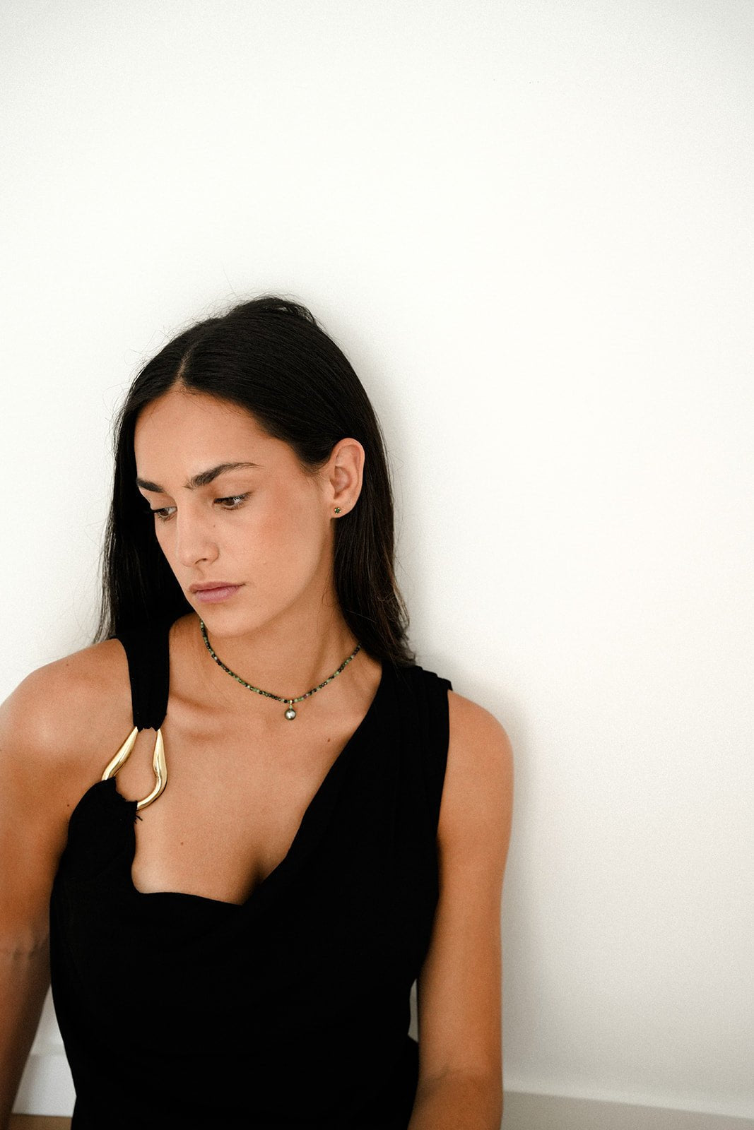 Collar de Perla Tahití y Esmeralda, Piedras Preciosas Epidote 3 mm redondas talladas, Oro Amarillo 18K - MIMUKA