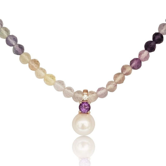 Collar Fluorita, Perla Cultivada, Amatista y Diamante, Oro 18K - MIMUKA