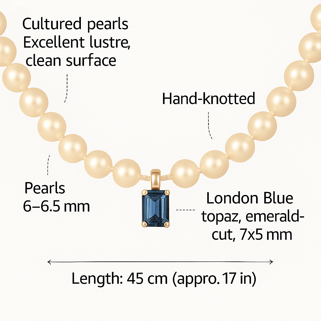 Cultured Pearl Necklace with London Blue Topaz Pendant and 18K Gold – Handcrafted – 45 cm - MIMUKA