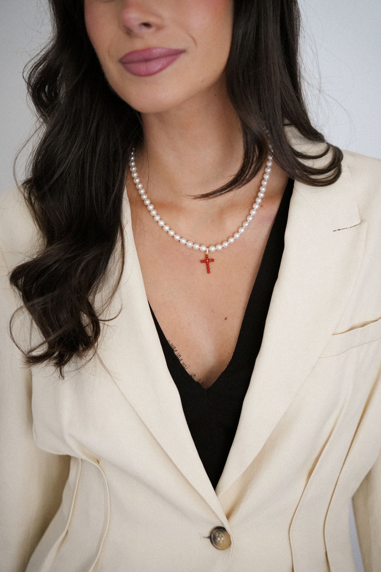 Cultured Pearl Necklace with Natural Coral Cross and 18K Gold - MIMUKA