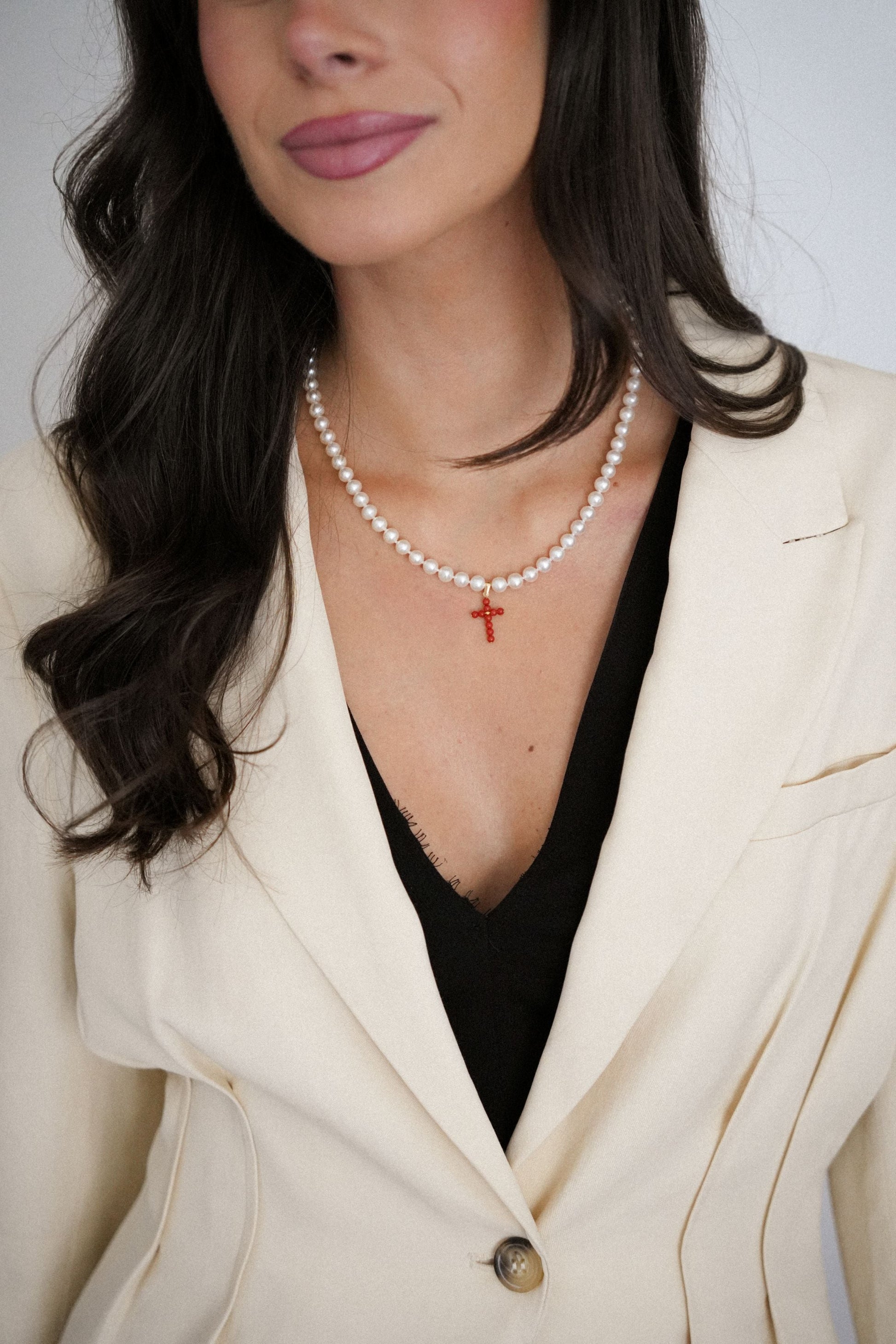 Cultured Pearl Necklace with Natural Coral Cross and 18K Gold - MIMUKA