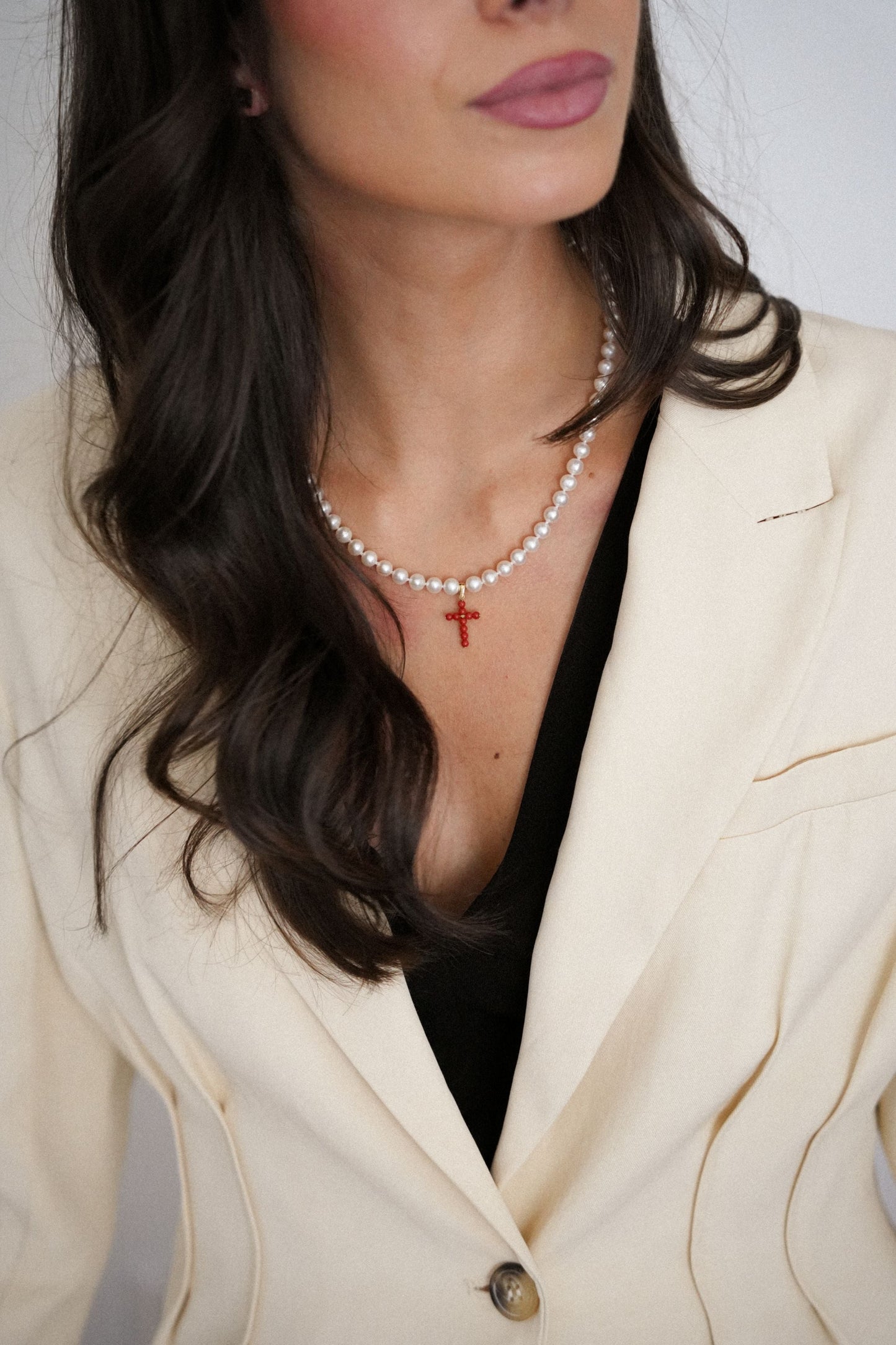 Cultured Pearl Necklace with Natural Coral Cross and 18K Gold - MIMUKA