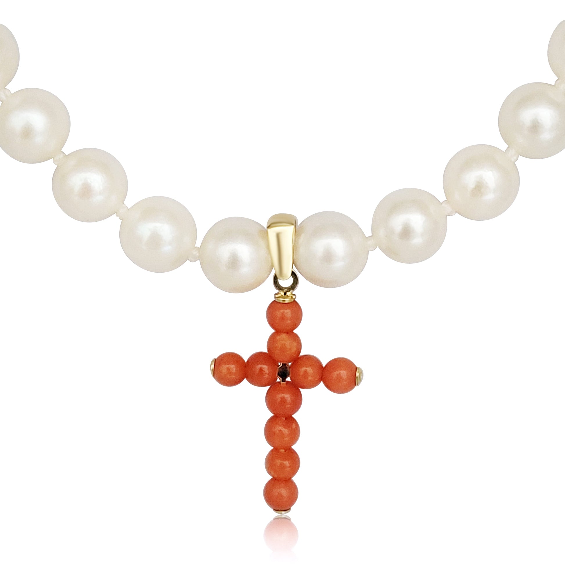 Cultured Pearl Necklace with Natural Coral Cross and 18K Gold - MIMUKA