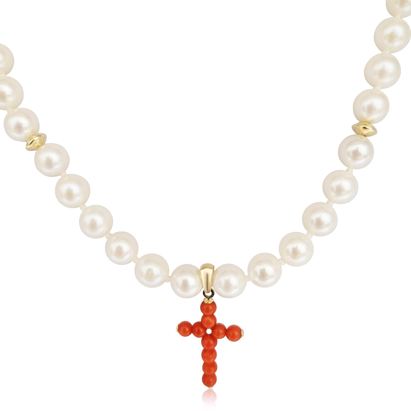 Cultured Pearl Necklace with Natural Coral Cross and 18K Gold - MIMUKA