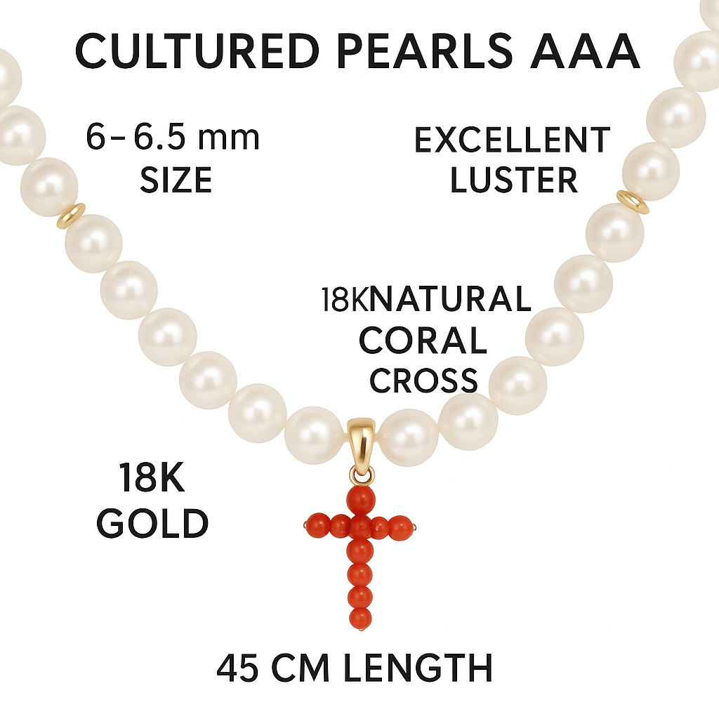 Cultured Pearl Necklace with Natural Coral Cross and 18K Gold - MIMUKA