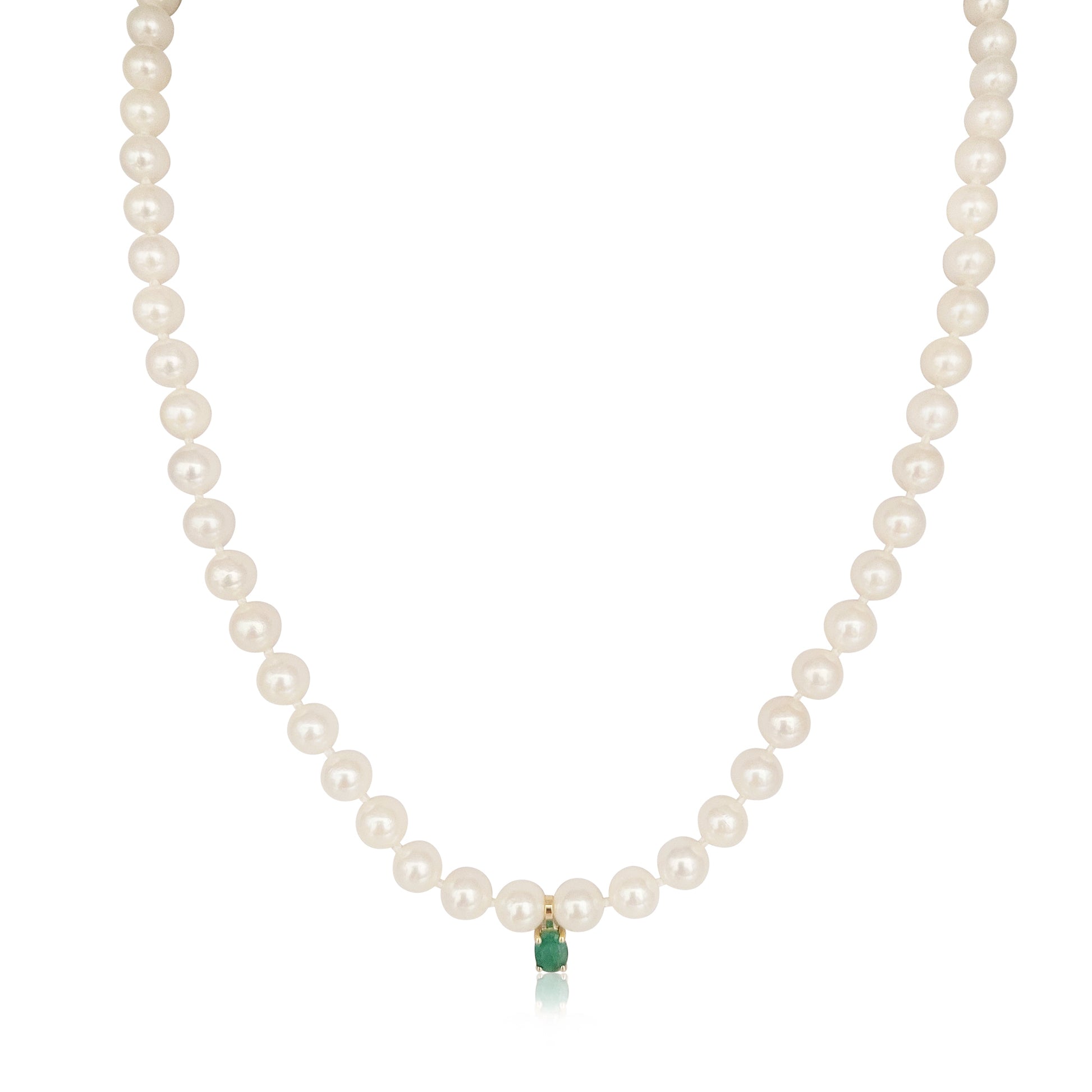 Cultured Pearl Necklace with Natural Emerald and 18K Gold – Handcrafted in Spain – 45 cm - MIMUKA