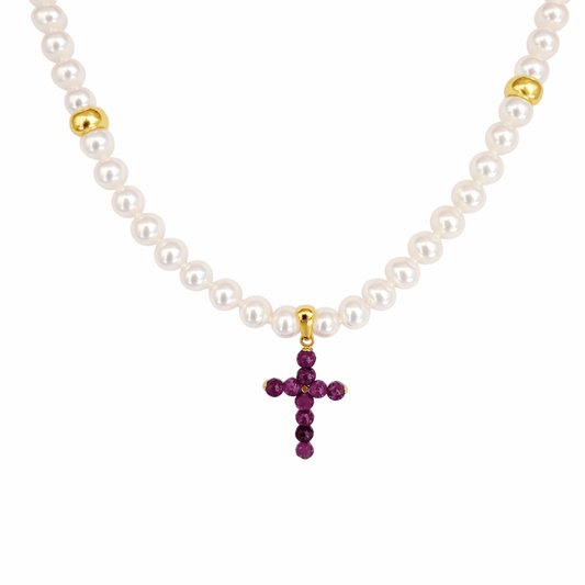 Cultured Pearls and Rubies Precious Stones 18K Gold Necklace - MIMUKA