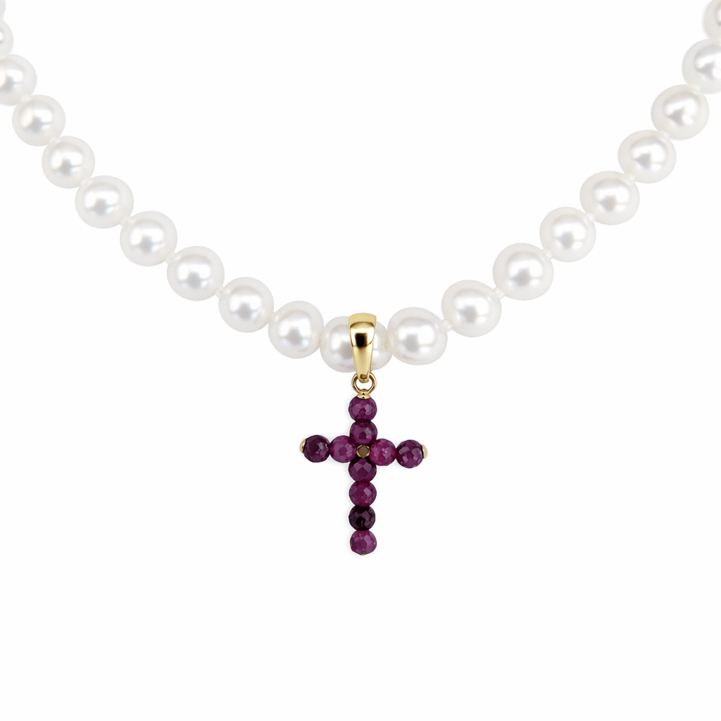 Cultured Pearls and Rubies Precious Stones 18K Gold Necklace - MIMUKA