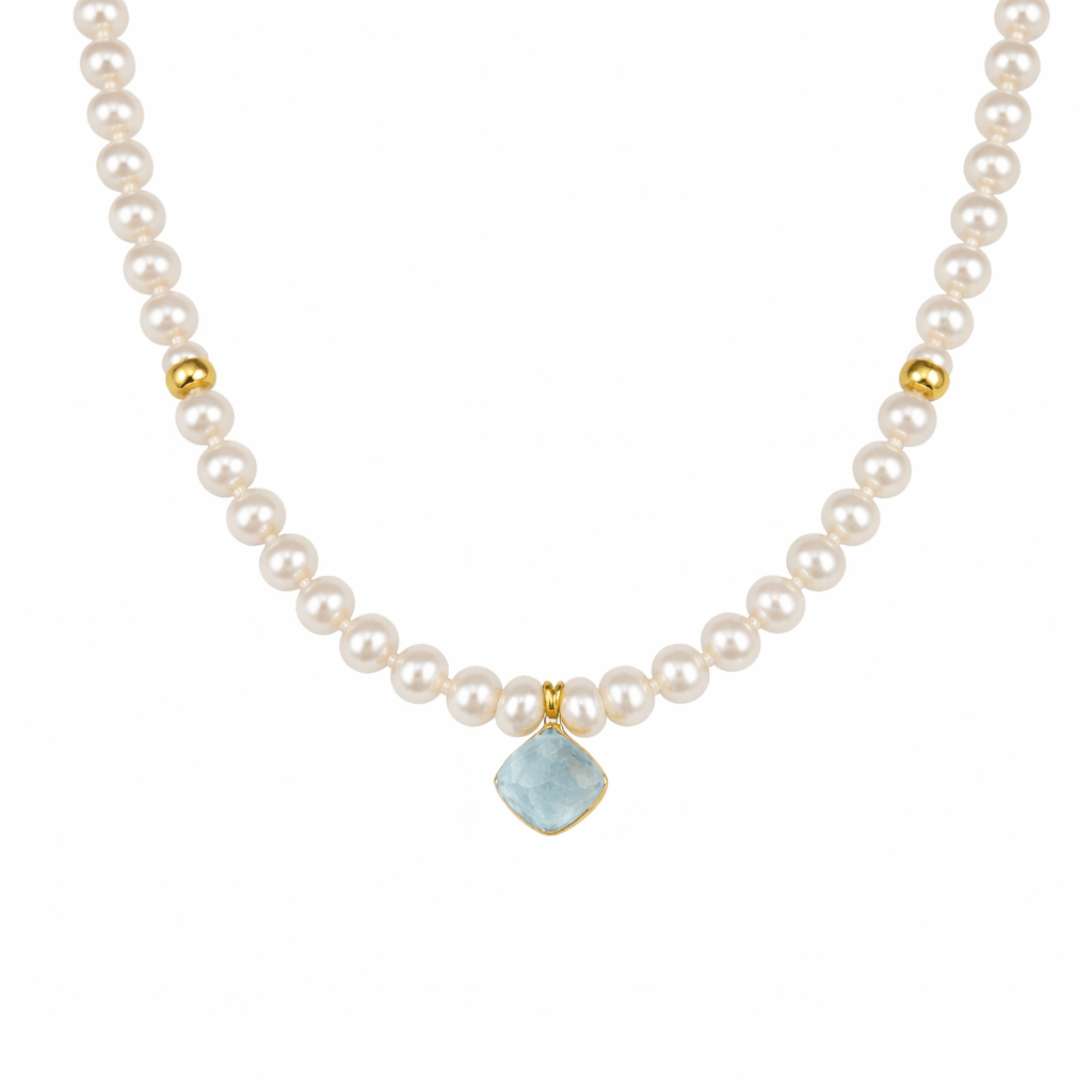 Cultured Pearls Necklace and Sky Blue Topaz 18K Gold Necklace - MIMUKA