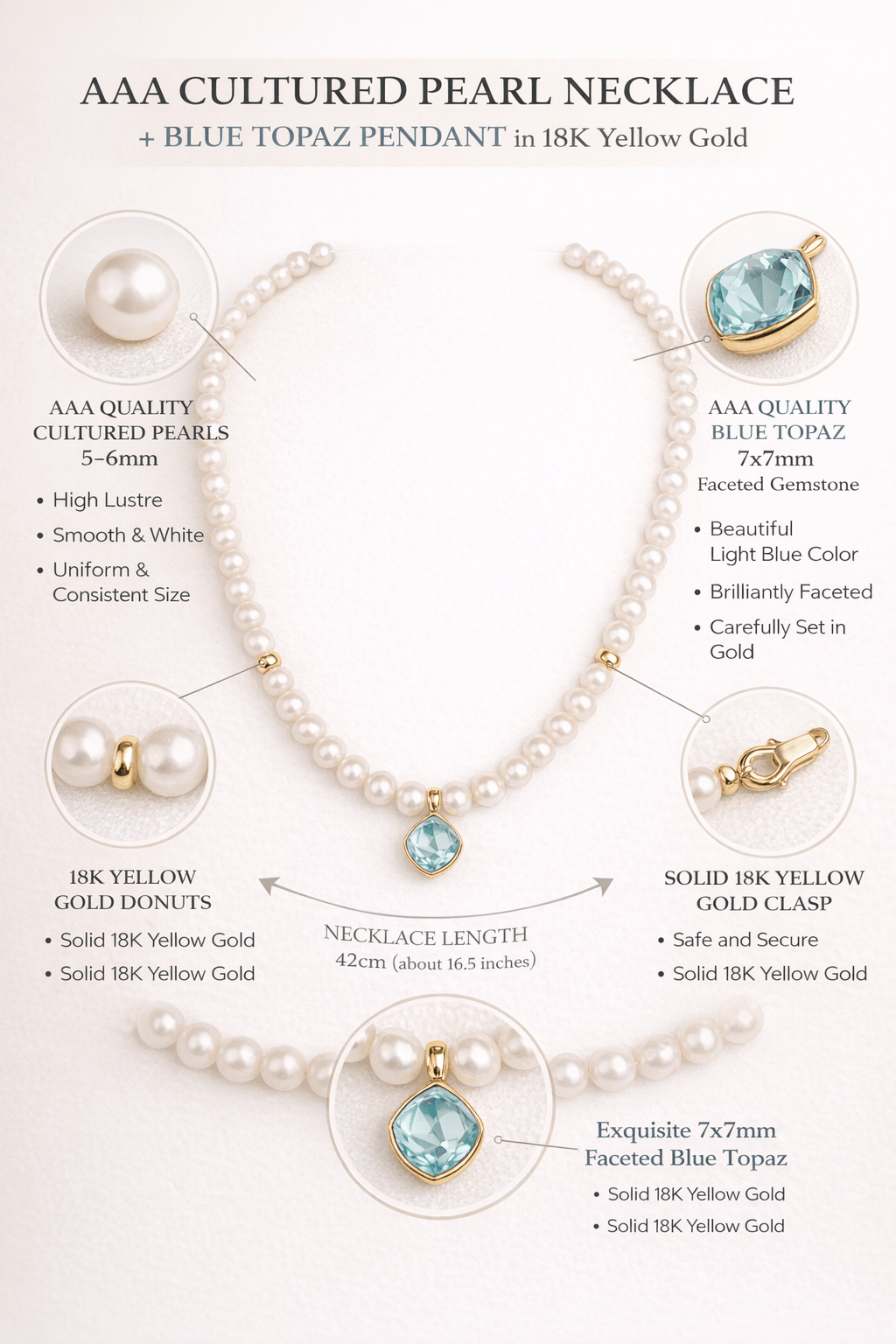 Cultured Pearls Necklace and Sky Blue Topaz 18K Gold Necklace - MIMUKA