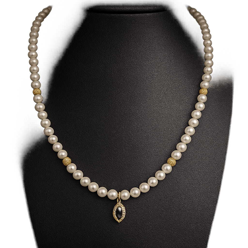 Cultured Pearls necklace, Yellow gold 18K & London Blue Topaz Precious stones - MIMUKA