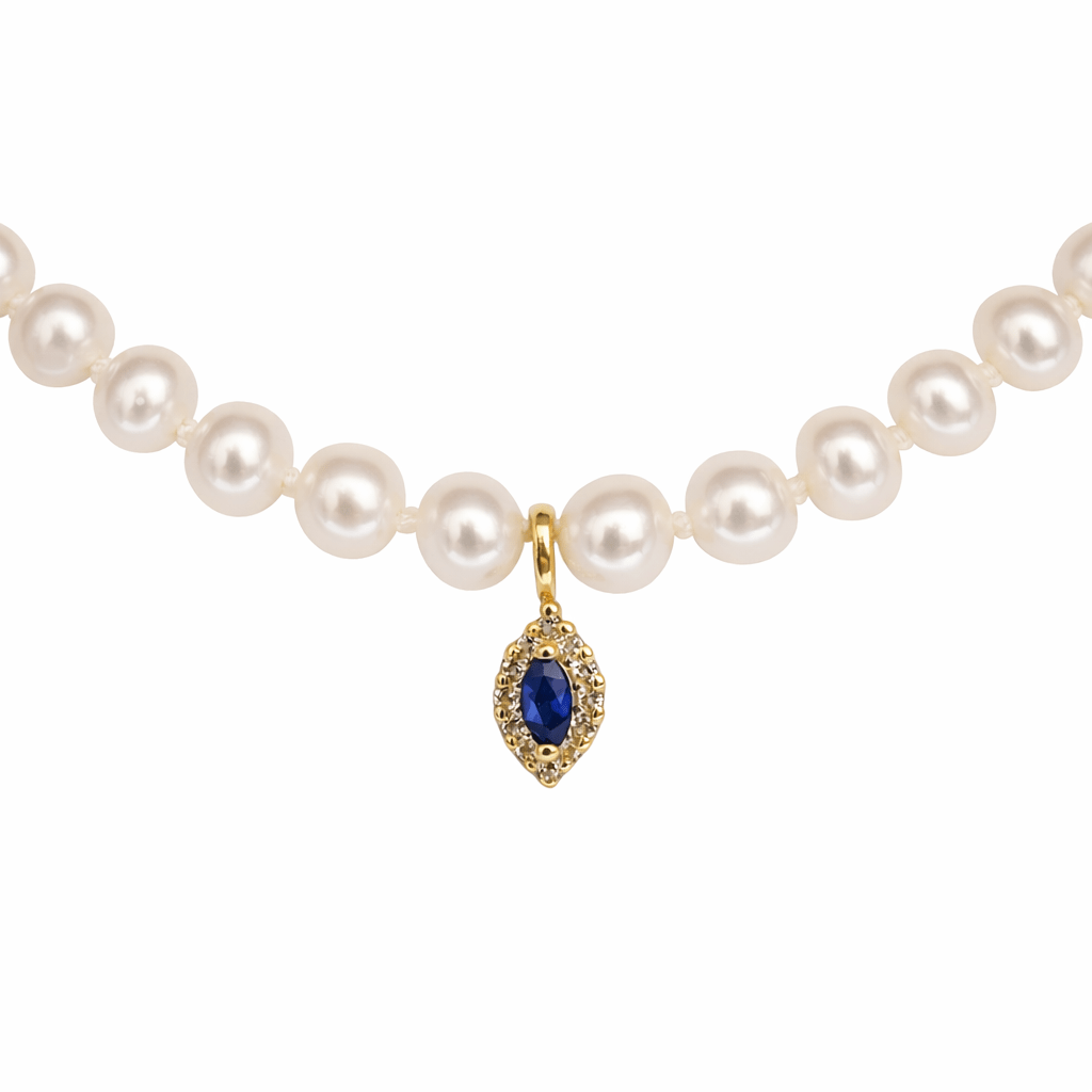 Cultured Pearls necklace, Yellow gold 18K & London Blue Topaz Precious stones - MIMUKA