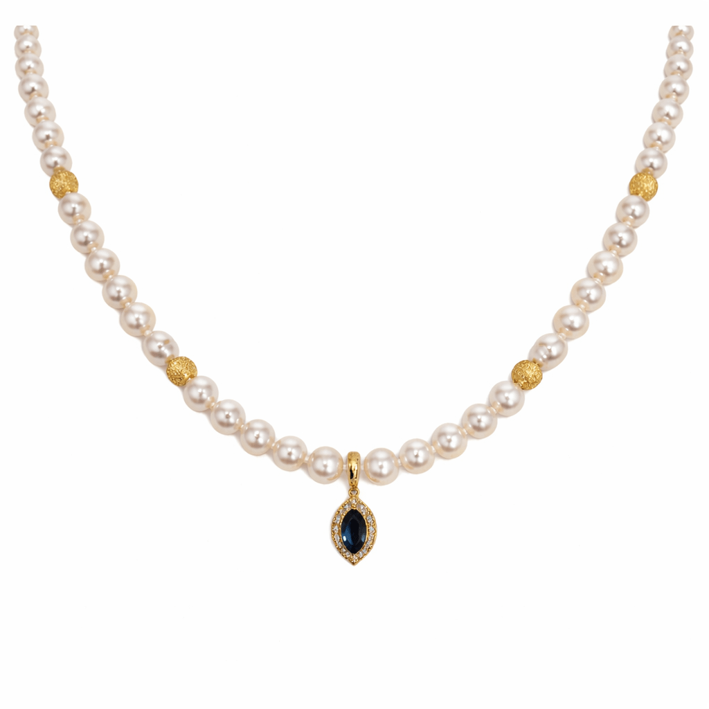 Cultured Pearls necklace, Yellow gold 18K & London Blue Topaz Precious stones - MIMUKA