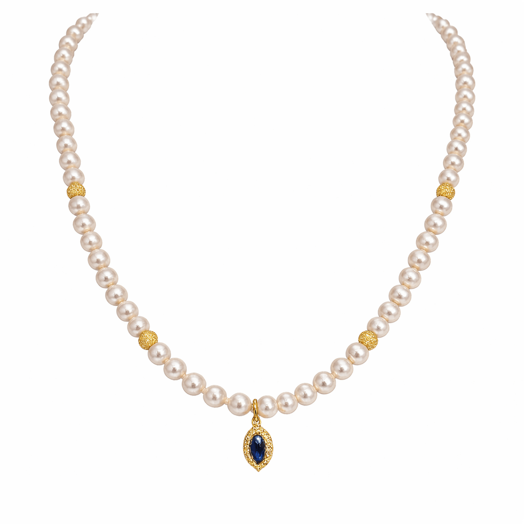 Cultured Pearls necklace, Yellow gold 18K & London Blue Topaz Precious stones - MIMUKA