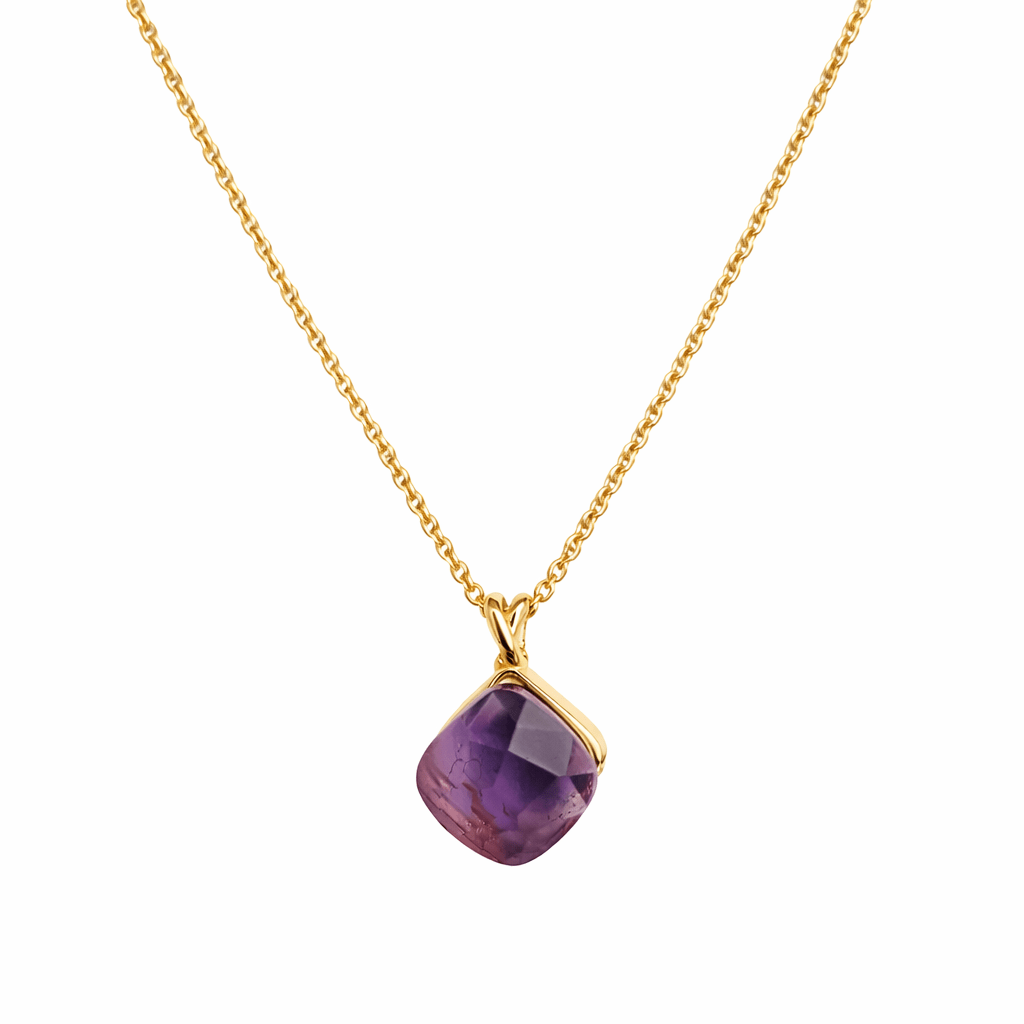 Faceted Amethyst gemstone measuring 7 x 7 mm Yellow Gold 9K Pendant Necklace - MIMUKA