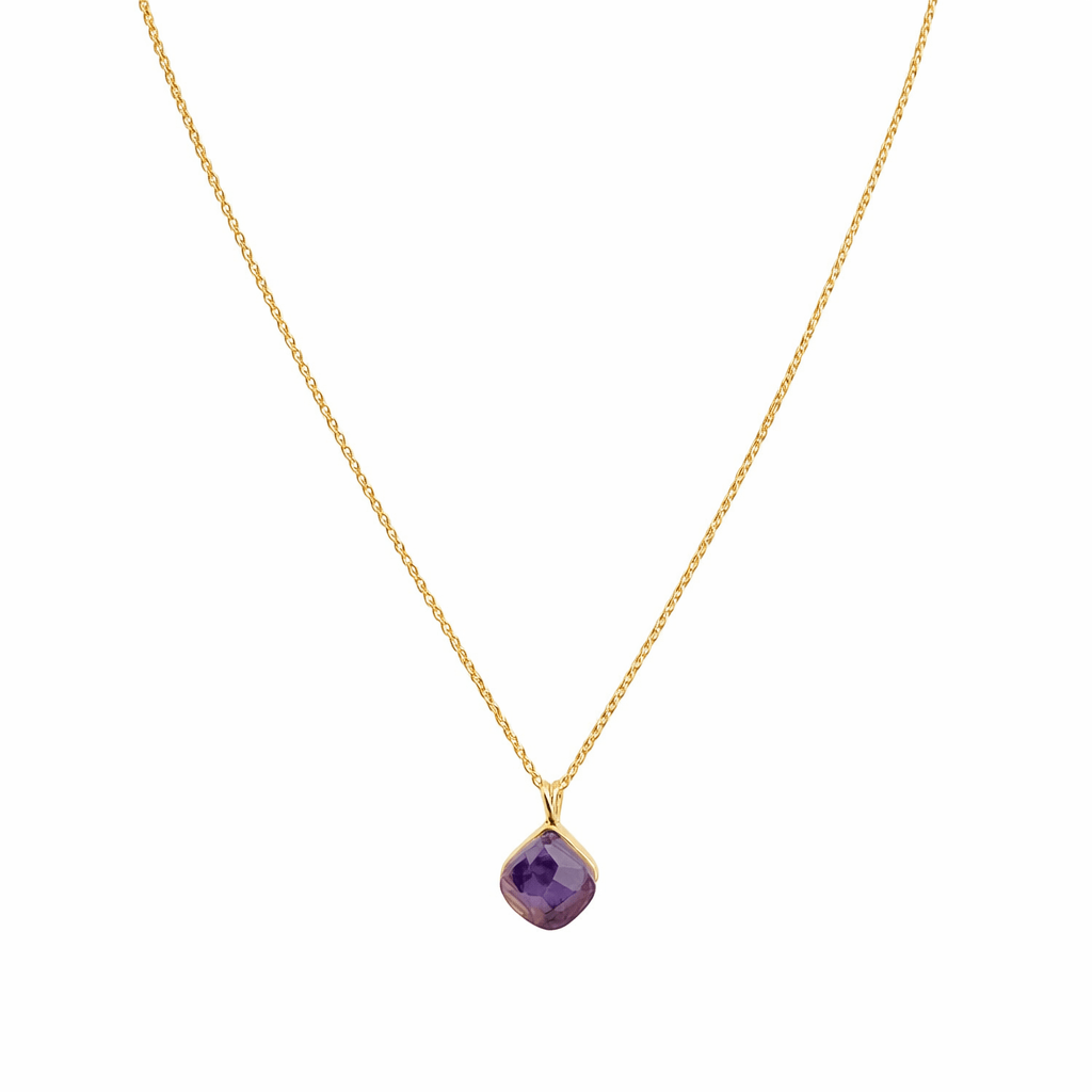Faceted Amethyst gemstone measuring 7 x 7 mm Yellow Gold 9K Pendant Necklace - MIMUKA