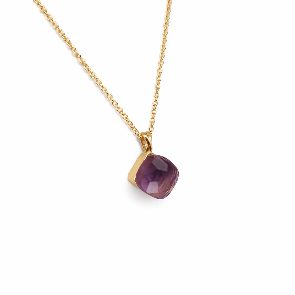 Faceted Amethyst gemstone measuring 7 x 7 mm Yellow Gold 9K Pendant Necklace - MIMUKA