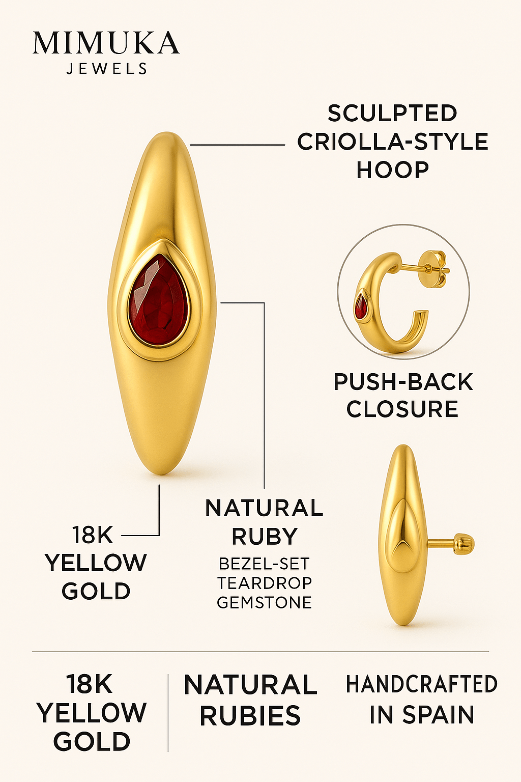 Mimuka Jewels 18K Yellow Gold Hoop Earrings with Natural Rubies - MIMUKA