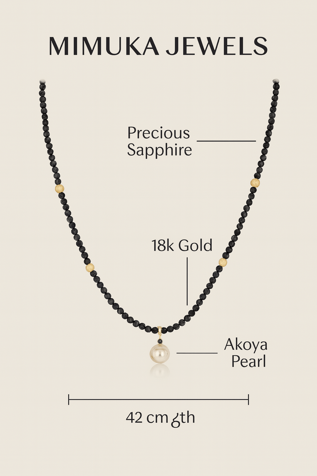 Mimuka Jewels 18K Yellow Gold Sapphire Necklace with Japanese Akoya Cultured Pearl – 42 cm | Handmade Fine Jewelry - MIMUKA