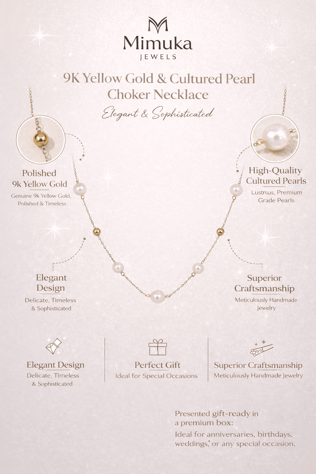 Mimuka Jewels 9K Yellow Gold & Cultured Pearl Choker Necklace – Elegant, Timeless and Sophisticated - MIMUKA