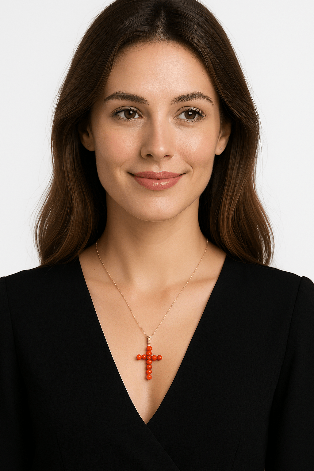 Natural Coral Cross Pendant in 18K Yellow Gold – 20 x 14 mm – Handcrafted Eleganceural Coral Cross and 18K Yellow Gold - MIMUKA