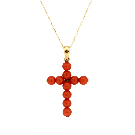 Natural Coral Cross Pendant in 18K Yellow Gold – 20 x 14 mm – Handcrafted Eleganceural Coral Cross and 18K Yellow Gold - MIMUKA