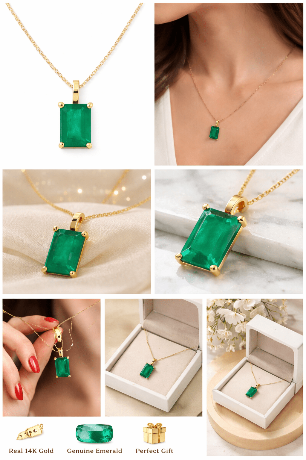 Natural Emerald & 18K Yellow Gold Pendant Necklace - MIMUKA