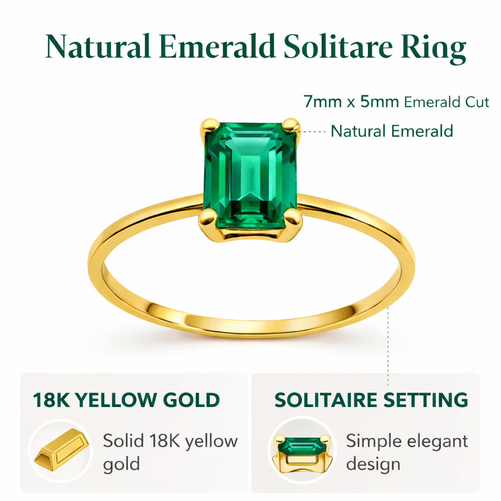 Natural Emerald Solitaire Ring – 18k Solid Yellow Gold – Genuine Emerald Gemstone Ring for Women – Fine Jewelry Gift - MIMUKA