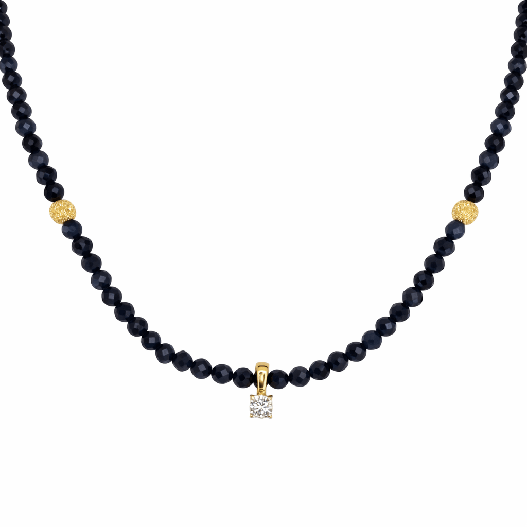 Natural Sapphire &amp; Diamond Necklace in 18K Yellow Gold – Timeless Elegance, 42 cm - MIMUKA